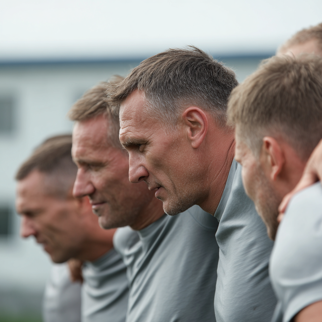 Group of determined middle-aged men supporting each other during outdoor training session