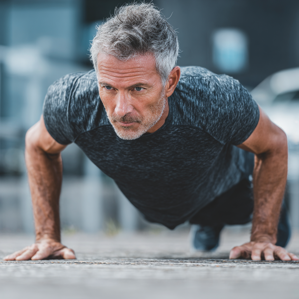 Middle-aged man doing outdoor fitness training with determination